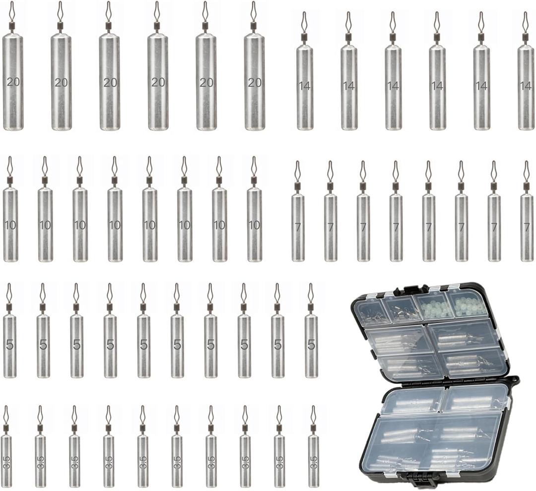 48Pcs Drop Shot Weights Set, Slim Pencil Style Lead Fishing Weights Sinkers Kit for Dropshot Rigging 6 Sizes Assorted with Barrel Swivel and Rig Beads