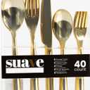 PLASTICPRO 40 Pieces Plastic Silverware Suave Elegant Premium Heavy Duty Gold Plastic Cutlery Set, Fancy Disposable Flatware