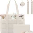 LOVEVOOK Diaper Bag Tote, 15.6inch Puffer Baby Diaper Bag Waterproof Travel Diaper Tote with Changing Pad Pacifier Case (Off-white)