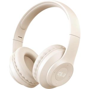 X5 Rechargeable & Portable FM Radio Headphones with Best Reception, LED Display, Soft Ear Muffs, FM Headset Radio Receiver for Meeting, Works, Hiking, Jogging (Beige)