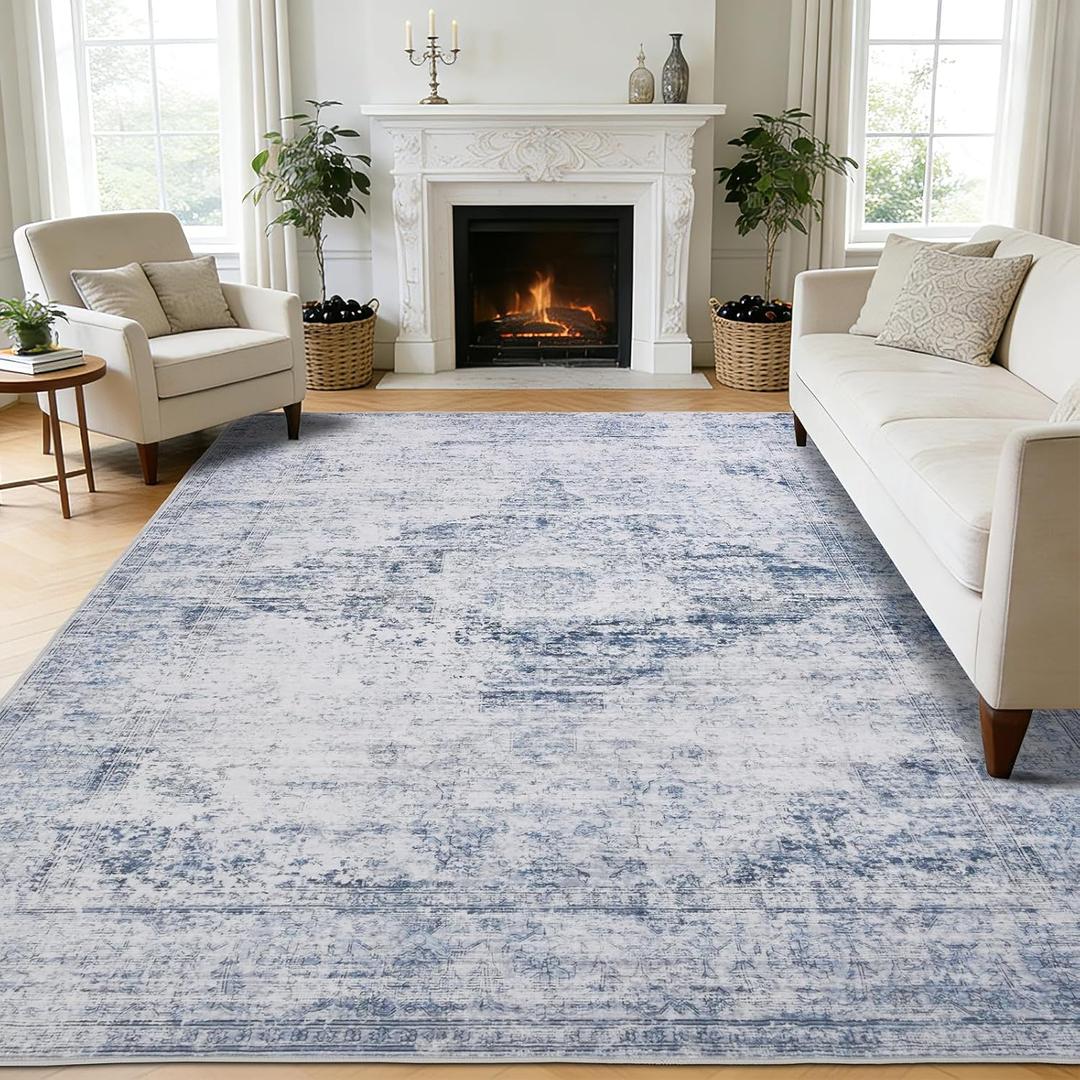 Washable Rugs 8x10 Area Rugs for Living Room, Large Modern Neutral Rugs for Bedroom, Soft Vintage Dining Room Rug, Low Pile Non Slip, Boho Print Carpet for Nursery Playroom Home Office-Blue 8'x10'