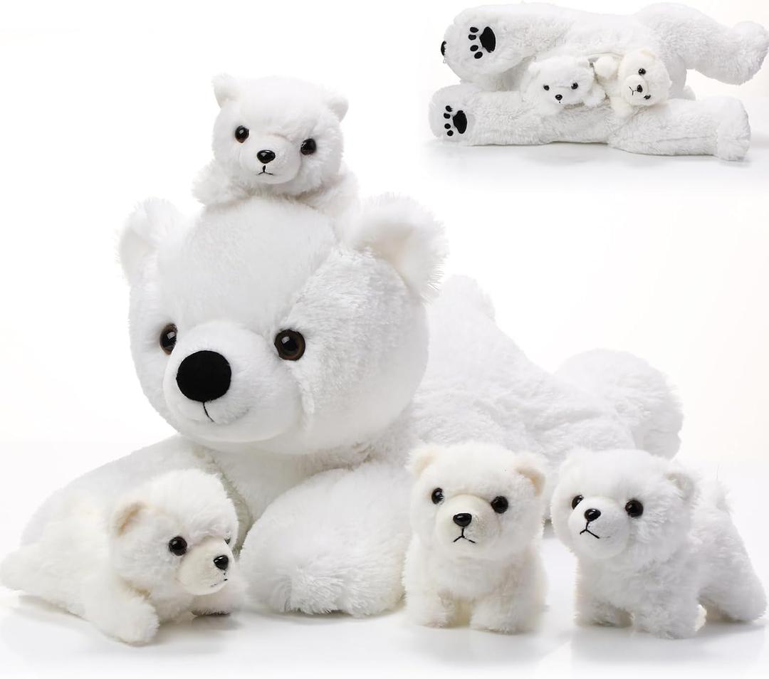 Leitee 5 Pcs Polar Bear Stuffed Animal with Babies Inside Winter Large White Mommy Lying Polar Bear Plush with 4 Cuddly Baby Plushies in Belly Gifts for Boys Girls Birthday Holiday Decorations