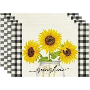 Niviy Sunflower Placemats Set of 4, 12x18 Inch Sunshine Vase Summer Spring Table Mats for Holiday Party Kitchen Dining Room Decoration