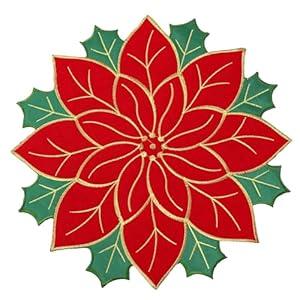 Ganeen 12 Pcs Christmas Poinsettia Placemats Set Embroidered Red Round Double Layer Table Placemats 14 Inch Flower Xmas Table Decorations Bulk Applique for Home Dining Holiday Decoration Party Favors