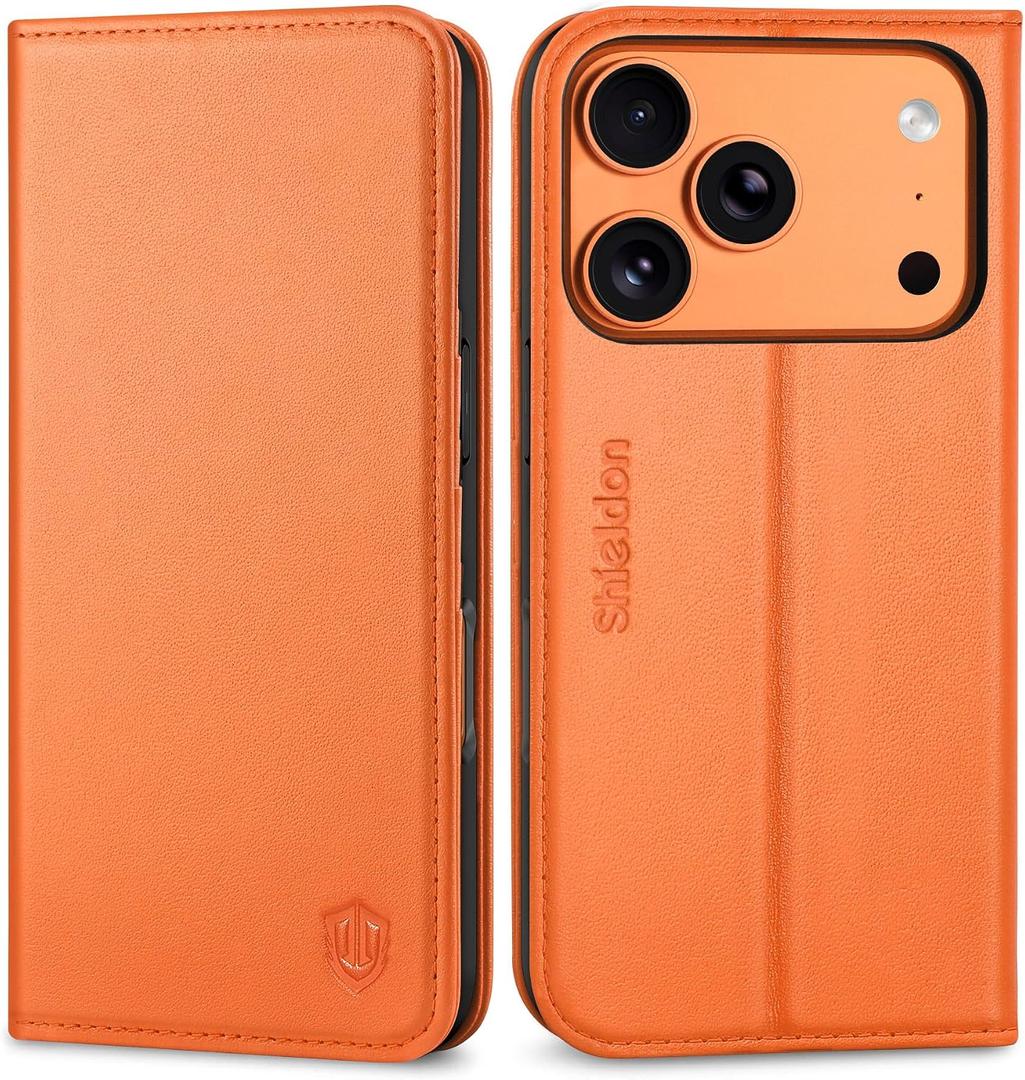 SHIELDON Case Wallet for iPhone 17 Pro 6.3-inch | Genuine Leather, RFID Blocking Credit Card Holder, Magnetic Closure, Folio Design, Kickstand, TPU Soft Full Protective Cover 2025 - Orange