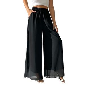 zsangbee Women's Wide Leg Palazzo Pants Chiffon Flowy Loose Party Wedding Dressy Casual Trousers Black, L