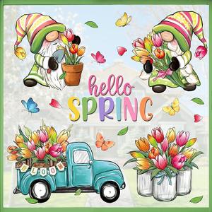 Mfault Hello Spring Gnome Window Clings 4 Sheets, Tulip Flower Teal Truck Mason Jar Farmhouse Wall Stickers Decal Decorations, Floral Bloom Butterfly Seasonal Living Room Home Kitchen Decor