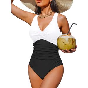Holipick Women Tummy Control One Piece Swimsuit - Push Up Bathing Suit Full Coverage Slimming Swimwear (Large, Black/White)