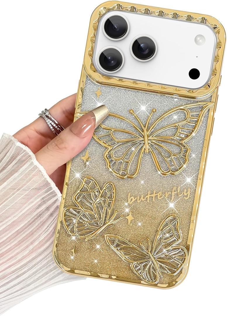 BITOBE Designed for iPhone 17 Pro Max Case 2025, Cute 3D Butterfly Slim Plating Glitter Bling Luxury Cover for Women Girls Protective Camera Protection Bumper 6.9" Gold