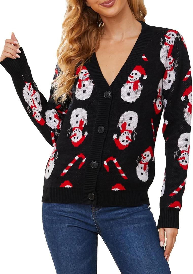 VENTELAN Classic Cardigan Ugly Christmas Sweaters for Women V Neck Button Down Sweater with Fun Patterns and Animals,S-2XL (Black, XL)