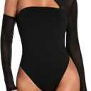 MakeMeChic Women's Bodysuits Mesh Sheer Rave Outfits Asymmetrical Neck Long Sleeve Cut Out Sexy Tops (Black), Small
