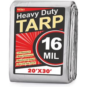 Keten Tarps Heavy Duty Waterproof 20X30 Feet, Extra Thick 16 Mil, Tear & Fade Resistant, UV Blocking, Outdoor Tarp with Reinforced Grommets for Roof, Camping, Patio, Pool, Boat(Silver/Black)