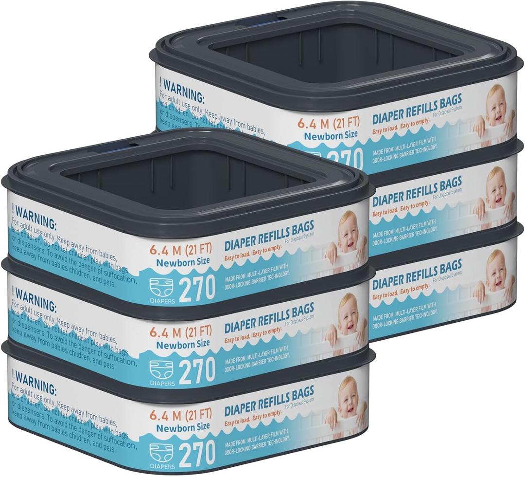 Standard Square Refills Disposal Bags Refill Compatible with Diaper Genie Classic, Compact and Select Pails, Hold Up to 270 Newborn-Sized Diapers Per Refill, Pack of 6