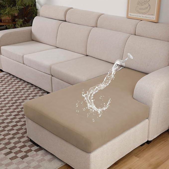 TOPYUMH 100% Waterproof Couch Cushion Covers L Shaped Chaise Cover, Stretch Seat Covers for Sectional Sofa, Reversible Couch Sofa Protector Covers for Kids Pets (Chaise Cover, Sand)