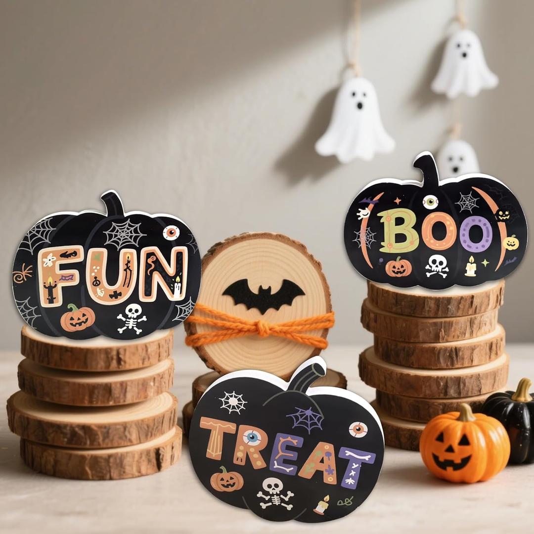 3PCS Wooden Halloween Pumpkins - FUN Halloween Decorations Farmhouse Table Centerpieces Rustic BOO Tiered Tray Ornaments, Tabletop & Mantel Shelf Decor for Home. Office, Desktop, Fall Holiday