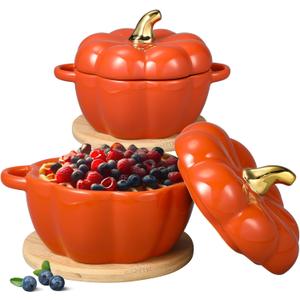 Zhehao Set of 2 Ceramic Pumpkin Bowl with Lid 15 oz Pumpkin Pot with Insulated Pads Fall Baking Cookware for Thanksgiving Dessert Seasonal Decorations(Orange)