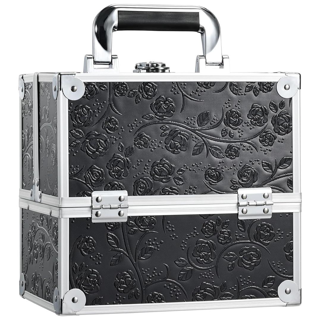 FRENESSA Makeup Train Case Cosmetic Box Portable Makeup Case Organizer 4 Trays Travel Case Storage with Dividers Lockable for Make up Artist Crafter Nail Kits Tools Black Floral