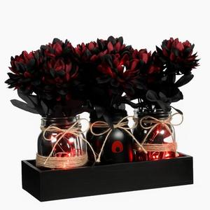 Honeydak 15 Pcs Halloween Table Centerpieces Mason Jar for Halloween Party Decor with Eyeball Fake Bouquet Black Dahlia Farmhouse Wood Tray 3 Mason Jars with Artificial Flowers and 2 LED Light