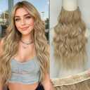 KooKaStyle Invisible Wire Hair Extensions with Transparent Wire Headband Adjustable Size 4 Secure Clips Long Wavy Synthetic Hairpiece for Women(20inch Beige Blonde mix Lvory Blonde Highlights)