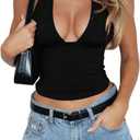 SOLY HUX Women's Y2K Halter Crop Tops V Neck Sleeveless Backless Going Out Slim Fit Tops (Pure Black), Size: Small