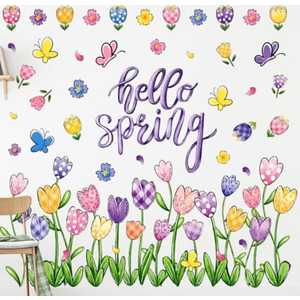 Mfault 9 Sheets Spring is in The Air Tulip Flowers Window Clings, Floral Gnome Truck Cart Wall Glass Stickers Decal Decorations, Bouquet Butterfly Living Room Home Kitchen Decor 2 Pack