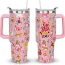 bchiijds 40 oz Cat Cup Tumbler with Handle Lid and Straw, Cat Themed Lover Gifts for Women, Cute Tumblers for Women, Pink