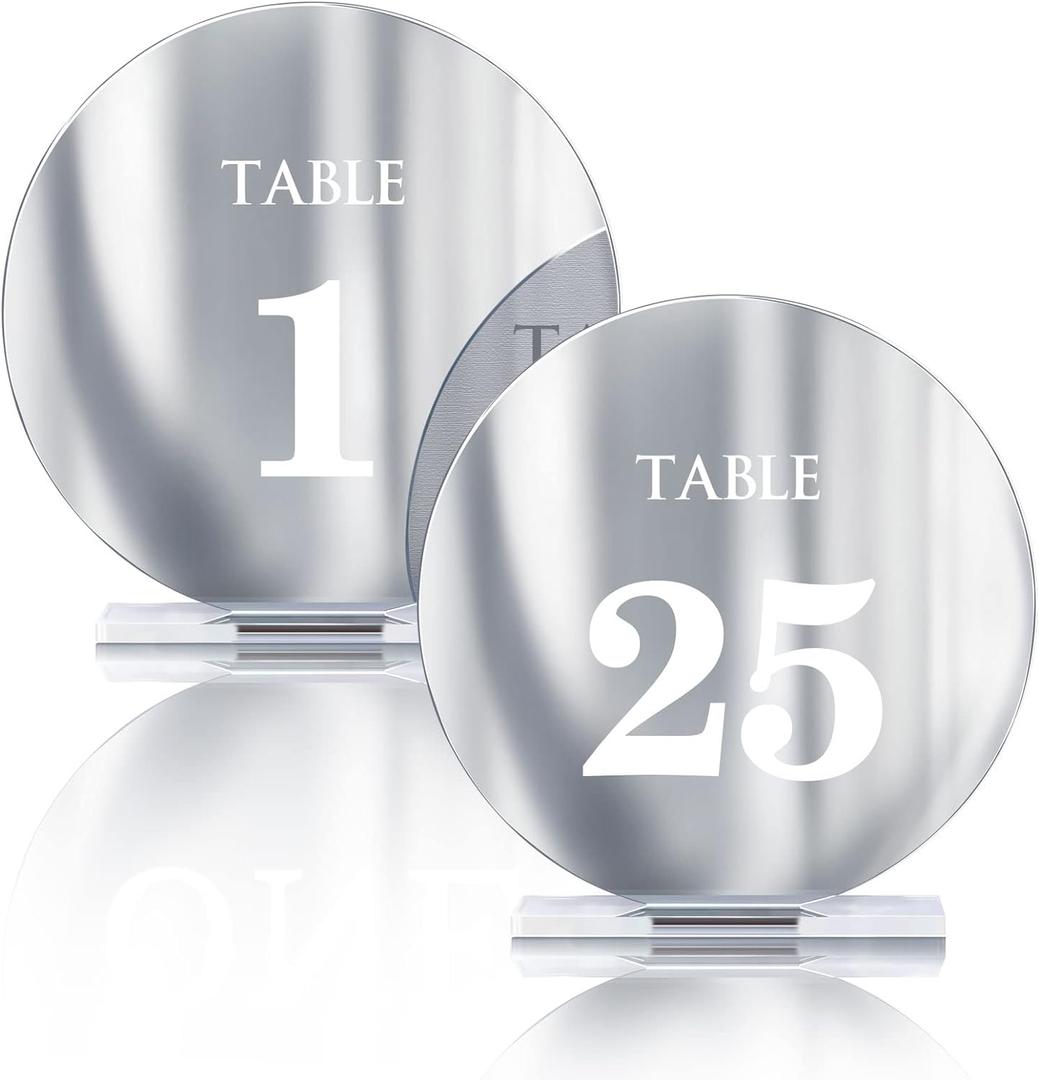 Acrylic Wedding Table Numbers 1-15 with Stands,4.8"Round Mirror Gold Table Number Signs and Holders for Wedding Reception, Party, Event, Centerpiece Decoration (Silver, 1-25)