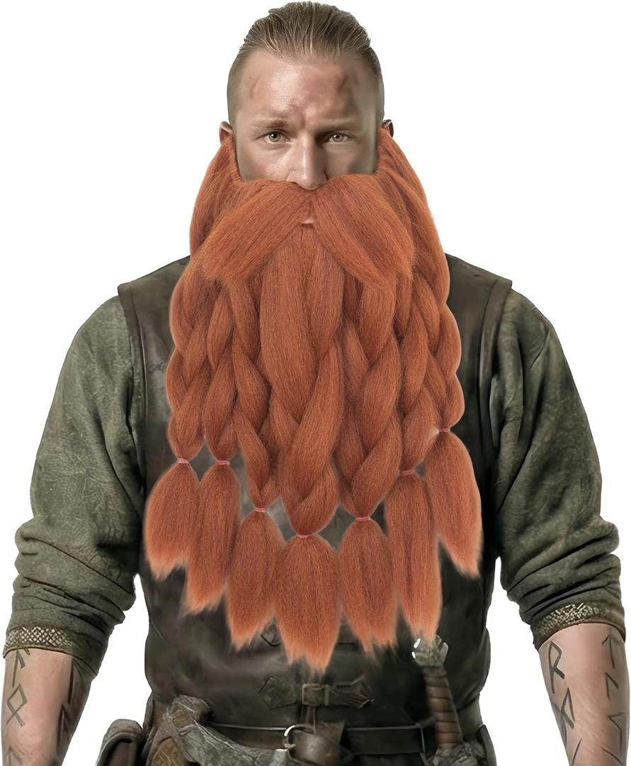 Viking Dwarf Long Braided Mustache Men's Pre-Styled Novelty Beard for Halloween Cosplay Parties, Red Brown