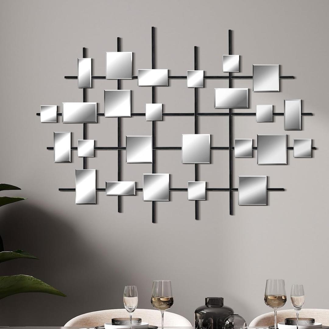 Yaocom Metal Wall Art Decor Silver Mirror Wall Decor Wall Sculpture with Square Modern Mirror Large DIY Metal Line Home Wall Decor for Living Room Office Bedroom Entryway 32 x 24 Inch