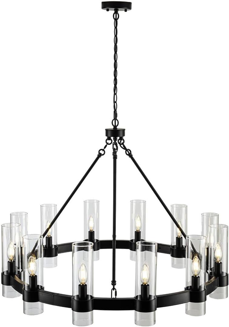 MAYNA 36" Wagon Wheel Chandelier with Clear Glass Shades, 12-Light Modern Farmhouse Round Pendant Light Fixture, Matte Black Large Industrial Ceiling Chandelier for Dining Room, Living Room