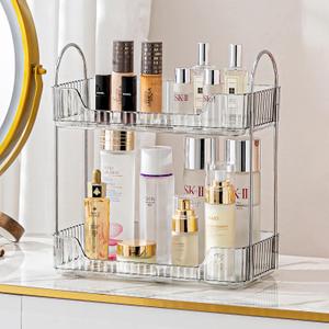Bathroom Counter Organizer Countertop Shelf, Skincare Organizer Perfume Holder for Dresser, Bathroom Countertop Tray for Cosmetic, Skin Care, Lipstick (2 Tiers, Grey)