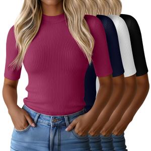 Huukeay 4 Pack 1/2 Half Sleeve Mock Turtleneck Tops for Women, Ribbed Knit Fitted T-Shirts Mock Neck Business Casual Slim Tee (Large, Black, White, Navy Blue, Fuchsia)