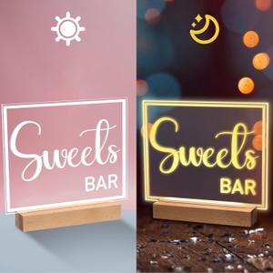 Hoolerry LED Acrylic Bar Table Sign 8" x 10" Neon Acrylic Sign, Snack Candy Bar Sign with Stand Clear Acrylic Sign with White Text for Dessert Flower Bar Decor(Sweets Bar Sign)