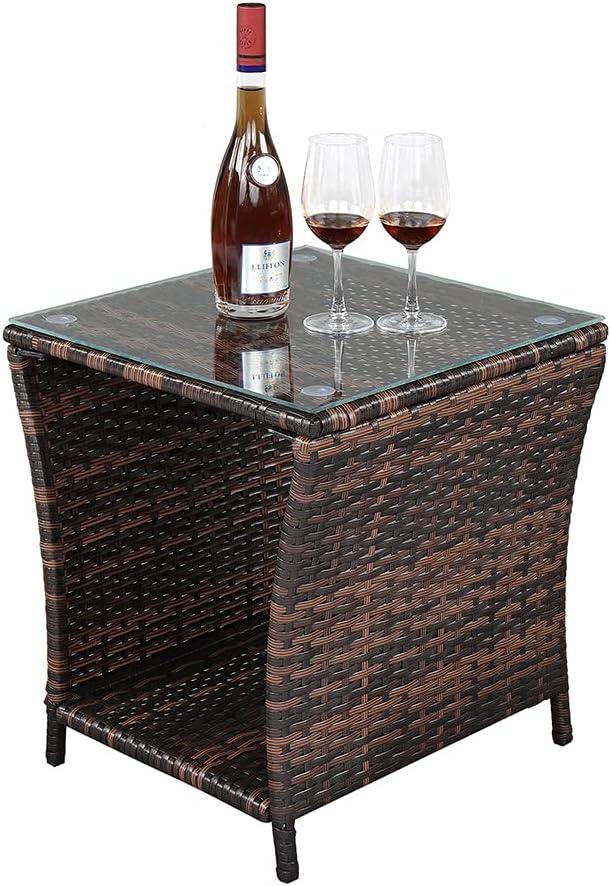 Wicker Rattan Side Table, Outdoor Square Rattan Coffee End Table with Tempered Glass Top and Storage for Patio Porch Lawn (Brown)