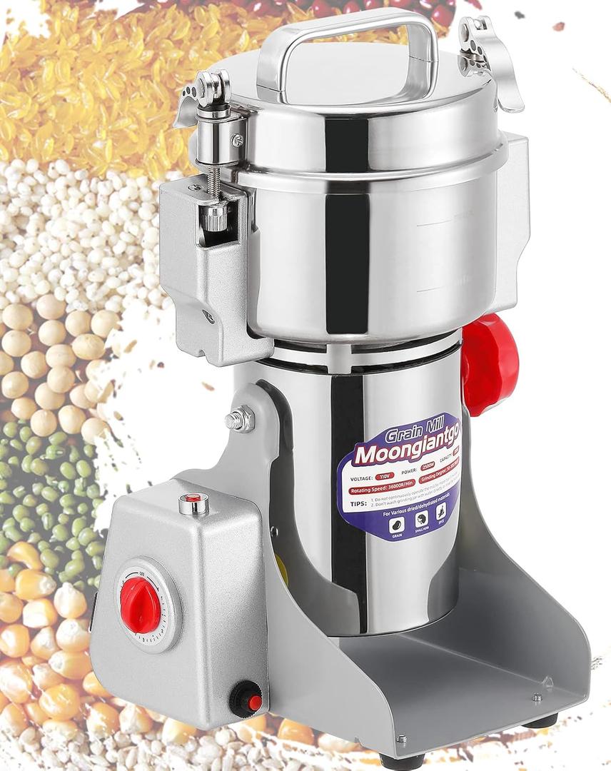 Moongiantgo 700g Grain Mill Grinder Commercial Spice Grinder 2500W Stainless Steel Electric Pulverizer Dry Grinding Machine for Wheat Corn Rice Pepper Herbs Coffee Beans (700g Swing, 110V) (Silver)