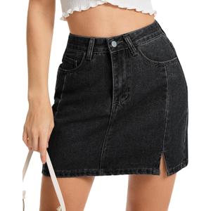 AIMILIA Women's Denim Mini Skirt Side Slit Sexy A-Line Mid Waist Short Stretchy Jean Skirts with Pockets Casual (Black, L)