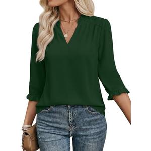 EVALESS Blouses for Women Dressy Casual 3/4 Length Sleeve Lace Patchwork Business Work Tops, M