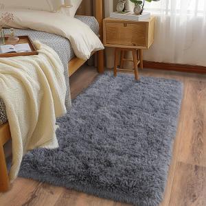 Ultra Soft Runner Rugs for Bedroom Hallways with Upgraded Non-Slip Rubber Backing & Thick Memory Sponge, 2 Packs 2x4 Feet Fluffy Shag Throw Area Rug for Bedside Dorm Dark Grey