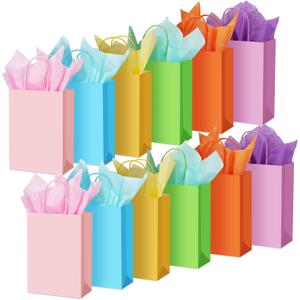 Kolldenn 24 Pack Pastel Gift Paper Bags with Tissue Paper 5.9 x 3.1 x 8.3 Inch 6 Colors Rainbow Kraft Goodie Bags with Handles Colorful Gift Wrapping Bulk for Birthday Wedding Baby Shower Supplies