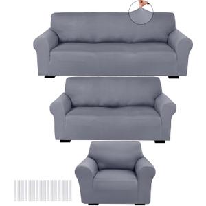Peryiter 3 Pcs Slipcover Set for Couch Furniture Covers for Sofa Loveseat Couch Arm Chair, Form Fit Stretch, Wrinkle Free, Furniture Protector(Light Gray,Milk Silk Spandex)