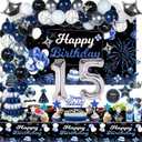 15th Birthday Decorations Set for Boy, Navy Blue Silver Black Happy 15 Party Decorations with Birthday Backdrop Banner, Tablecloth, 15 Number Balloons for Him, Black, Blue