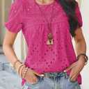 Falechay Cute Tops Womens Tunic Tops to Wear with Leggings Spring Shirts for Women Dressy Casual Lace Eyelet Crochet Crew Neck Short Sleeve Cute Blouses Boho Clothing Plus Size XL Hot Pink (Pink, XL)