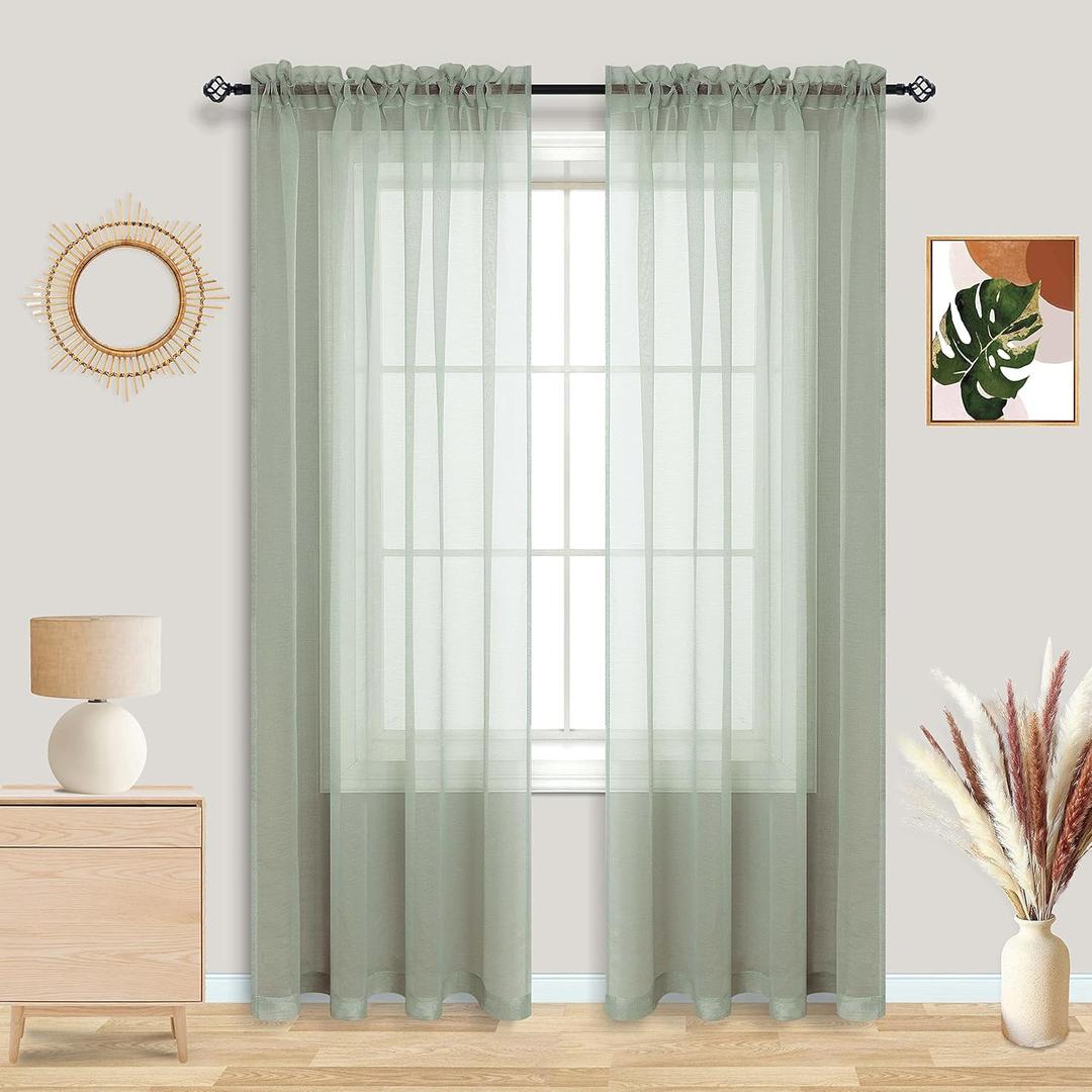 Sage Green Curtains 84 Inch Length for Living Room 2 Panel Sets Rod Pocket Faux Linen Light Green Window Sheer Curtains for Girls Kids Bedroom 52x84 Inches Long