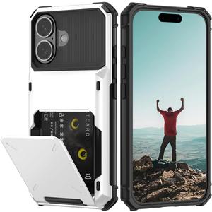 Nvollnoe Compatible with iPhone 16 Case with Card Holder[Store 5 Cards] Dual Layer Heavy Duty Shockproof Wallet Case with Hidden Card Slot Large Storage Cover for Men&Women 6.1''(White)