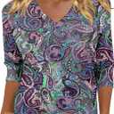 KISSMODA 3/4 Length Sleeve Shirts for Women Floral Business Shirts Tops Blouses Tops Loose Fit T-Shirts (Large, B Purple Green)