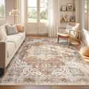 Washable Rug 10x14 Area Rugs: Boho Vintage Distressed Oriental Medallion Neutral Thin Large Rug Carpet for Living Room Bedroom Dining Room Home Office Decor - Brick Red