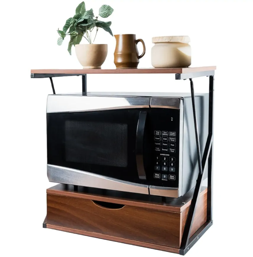 ANGORA BRANDS Microwave Shelf with Drawer - 2 Tier Durable Microwave Oven Rack, Kitchen Storage, Counter Shelf Organizer for Kitchen & Office - Microwave Stand with Storage by Caseto