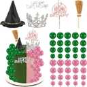 44 Pieces Pink and Green Cake Decorations with Mini Black Witch Hat, Silver Crown, Broom, Balloons, Happy Birthday Cake Topper for Girls Women Princess Witch Birthday Party Decorations Supplies
