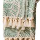 DOWN HOME Chenille Cotton Throw Blanket for Couch, Lightweight Boho Blanket for Bed Sofa Chair Living Room Outdoor Soft Woven Decorative Blanket with Tassel Gift Green Leaves 50"x70"