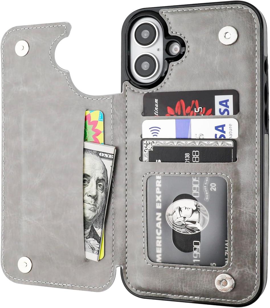 ONETOP Compatible with iPhone 16 Plus Wallet Case with Card Holder, PU Leather Kickstand Card Slots Case, Double Magnetic Clasp and Durable Shockproof Cover 6.7 Inch (Gray)
